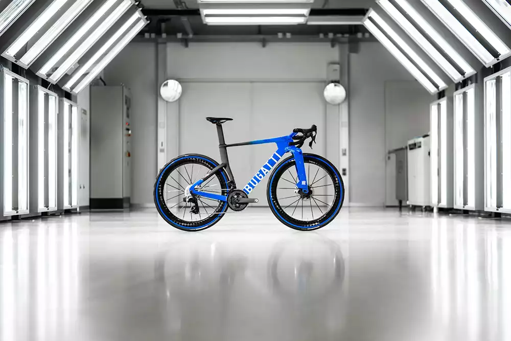 Bugatti Factor ONE road bike side profile featuring the iconic Bugatti Blue finish