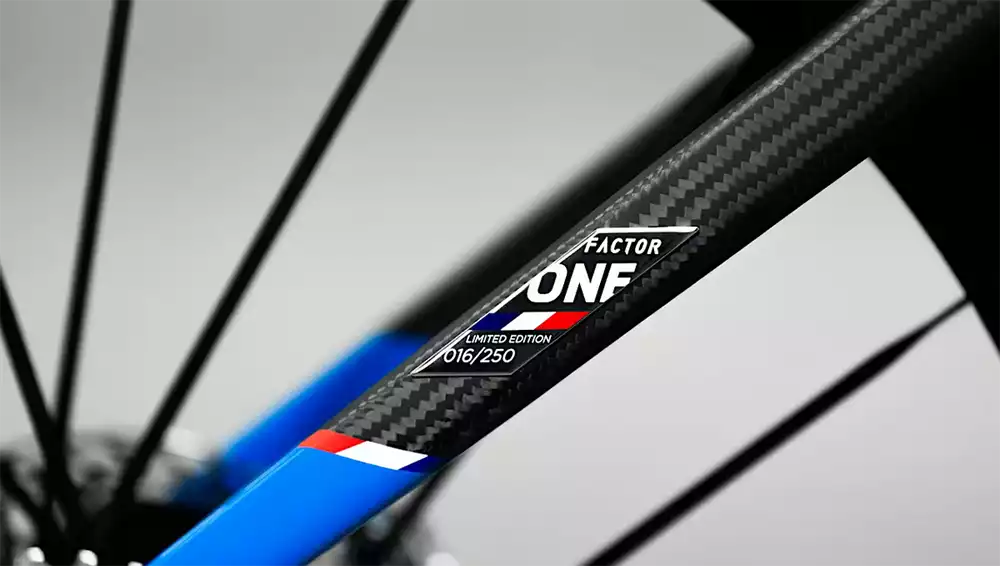 Exposed carbon frame detailing featuring the Factor ONE log