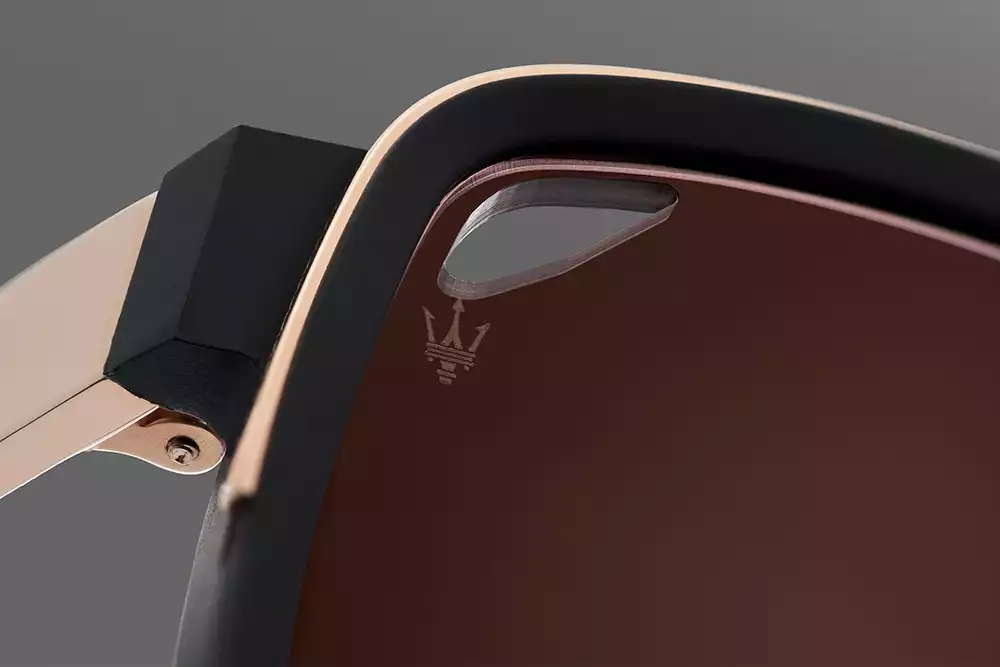 Close-up of Maserati Trident logo engraved on DITA-Lancier LSA-333 sunglasses lens