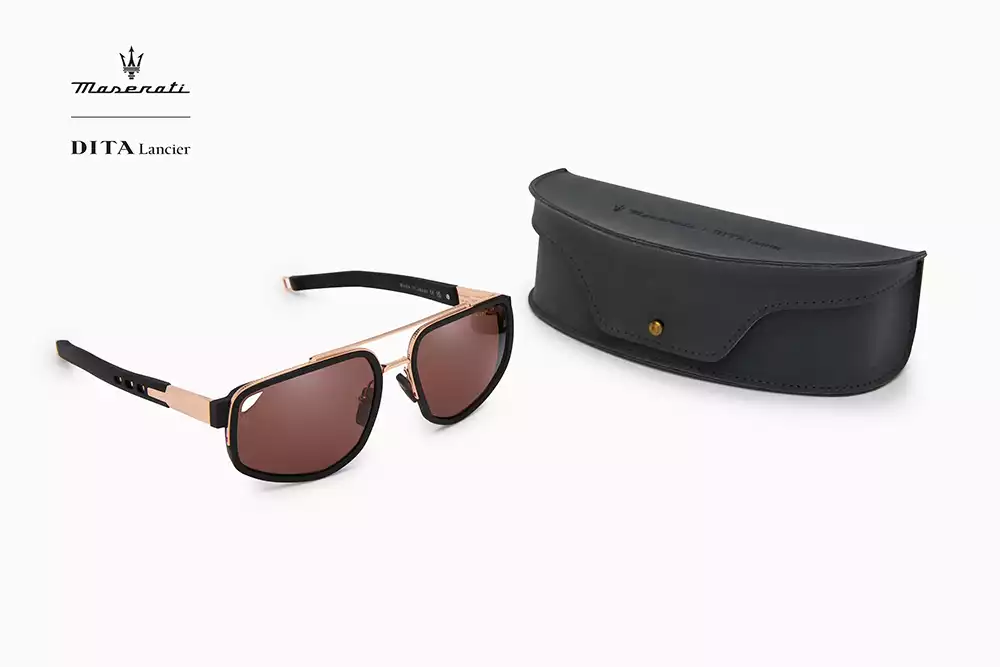 DITA-Lancier x Maserati LSA-333 sunglasses displayed with premium leather carrying case