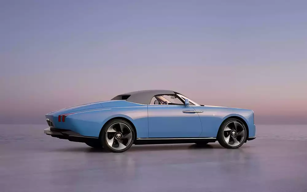 Rolls-Royce Project Nightingale coachbuilt EV shown with its light silver retractable soft top closed