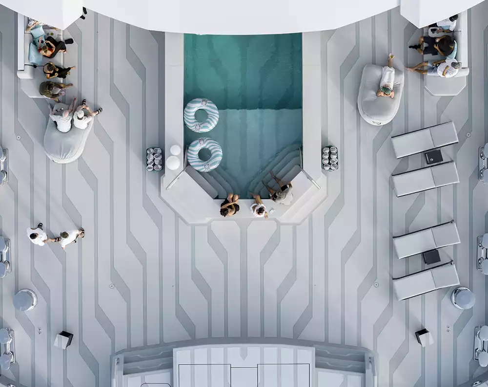 Aerial view of the expansive social areas and pool on Gabe Newell's yacht
