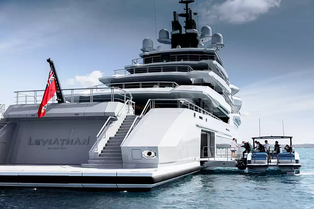 Stern profile of the 111m Leviathan yacht showcasing its composite materials