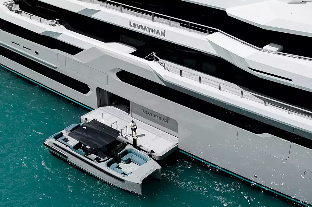 The stern of superyacht Leviathan showing the beach club and tender operations