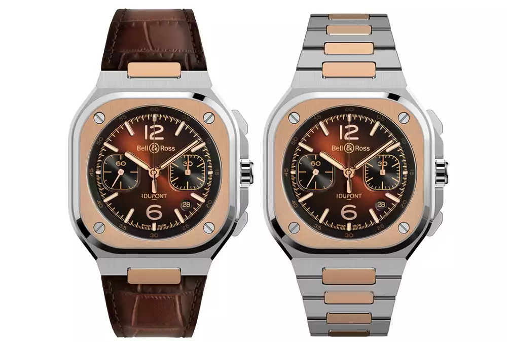 Bell & Ross BR-05 Chrono S.T. Dupont on brown leather strap and steel gold bracelet