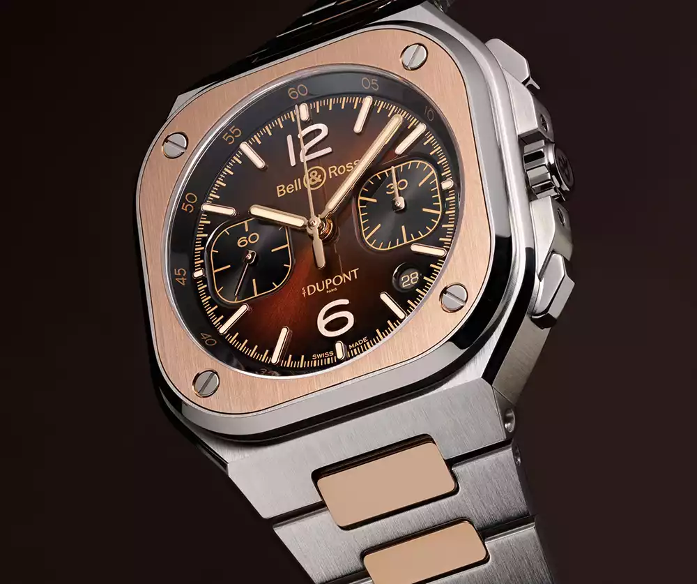 Close up view of the brown sunray dial on the Bell & Ross BR-05 Chrono S.T. Dupont edition