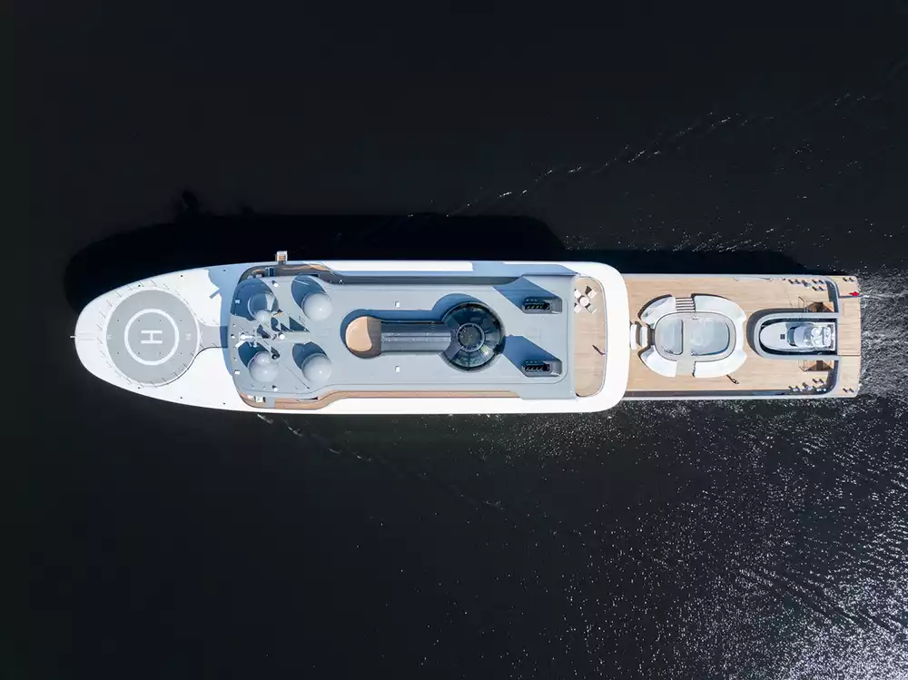 Top-down view of Nausicaä superyacht deck layout and Skydome design