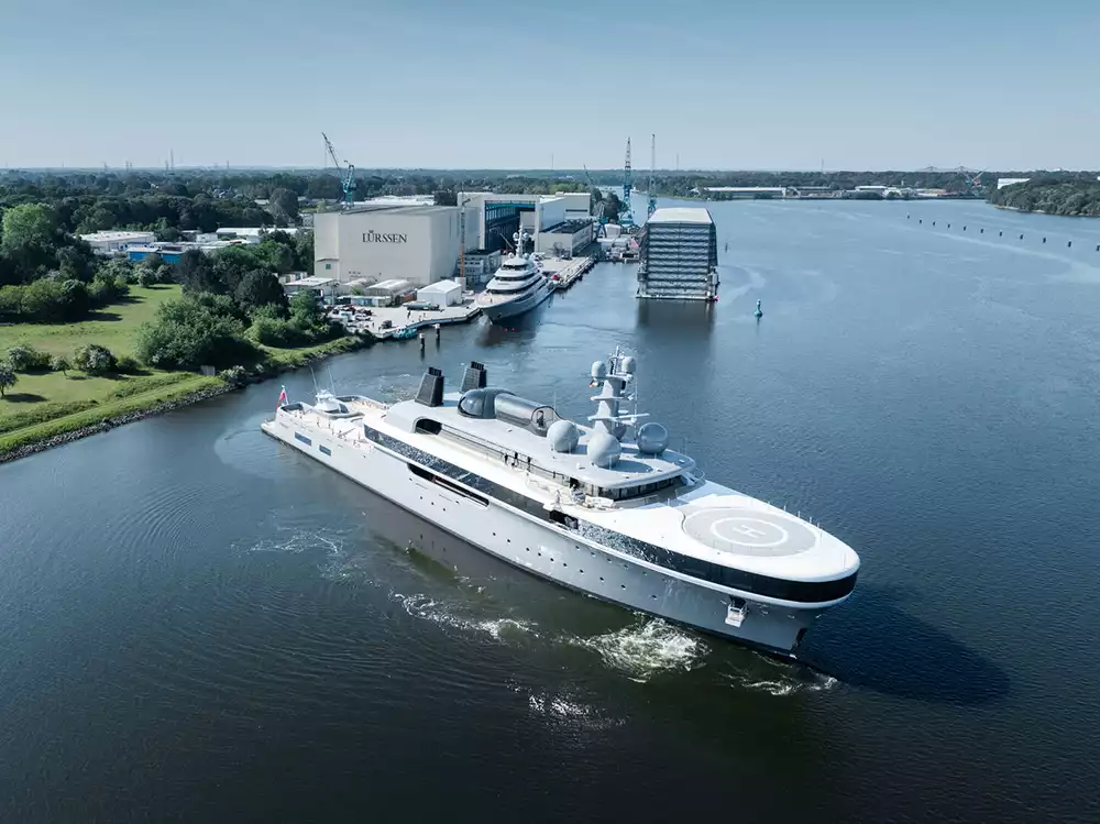 Aerial view of the 114m Lürssen Nausicaä superyacht at the shipyard