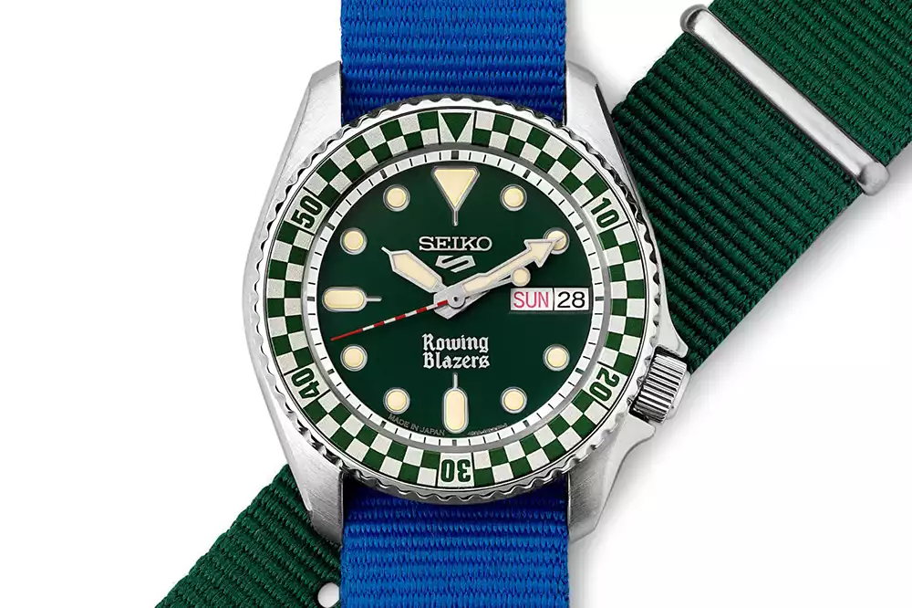 Seiko x Rowing Blazers Rally Diver SRPM21 green dial 38mm watch with steel and nylon straps