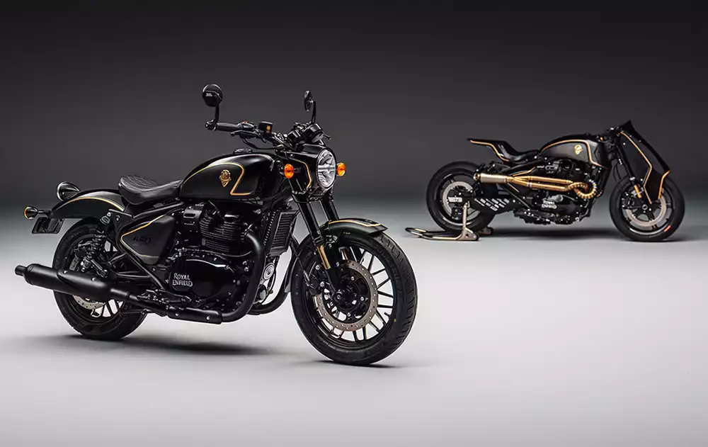 The original Caliber Royale custom build next to the new Royal Enfield Shotgun 650 Rough Crafts Edition motorcycle