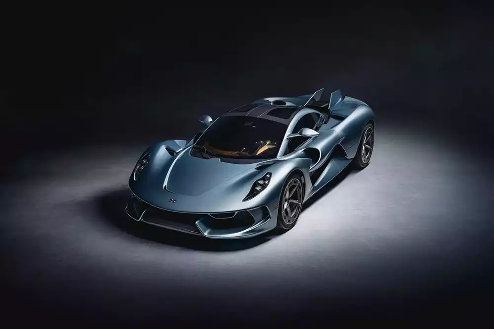Hennessey Blackbird hypercar front three-quarter view in metallic grey