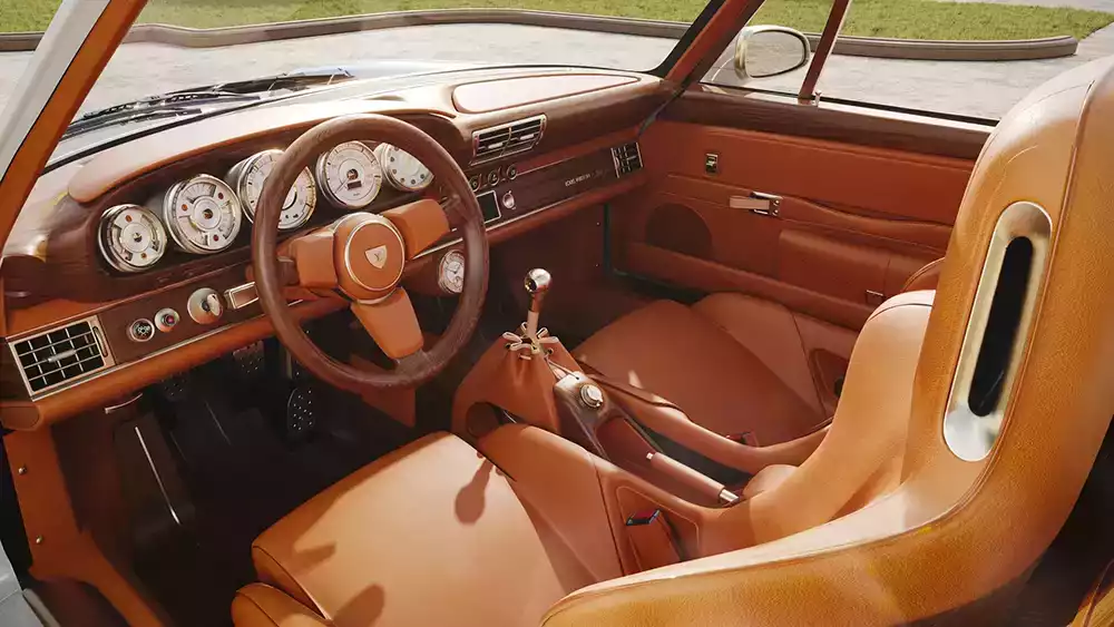 Handcrafted brown leather seats inside the Louis Vuitton x Singer Porsche 911 Classic Turbo