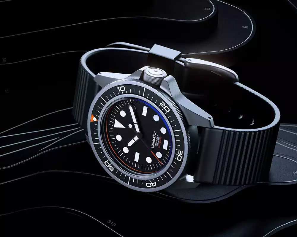 Sandblasted 316L stainless steel case of the Unimatic UT1-PD Prodiver watch