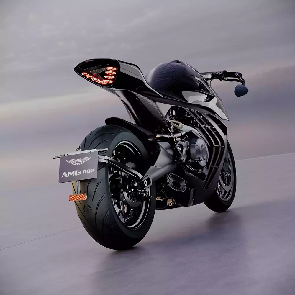 Rear view of the limited edition AMB 002 motorcycle