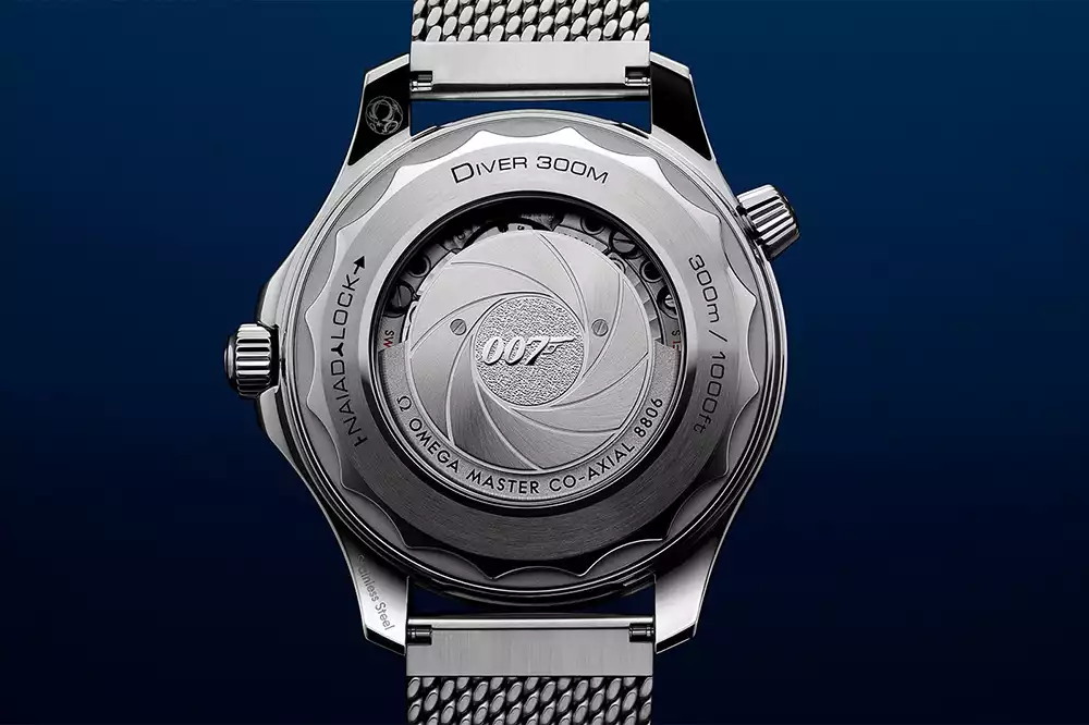 Omega calibre 8806 James Bond sapphire caseback featuring 007 logo and gun barrel motif